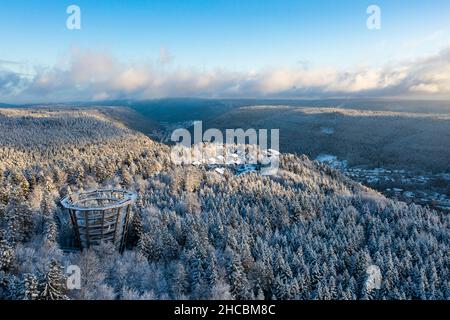 Deutschland, Baden-Württemberg, Bad Wildbad, Luftaufnahme der Schwarzwaldkette im Winter mit Baumwipfelpfad Schwarzwald-Aussichtsturm im Vordergrund Stockfoto