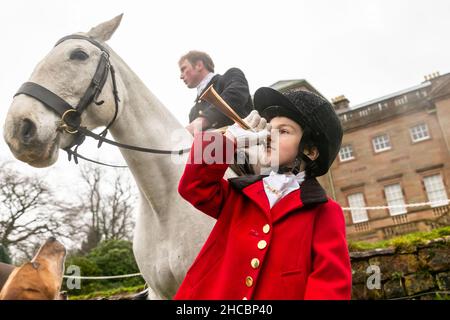 Hagley, Worcestershire, Großbritannien. 27th Dez 2021. Der 8-jährige Henley Mills bläst bei der ersten Albrighton- und Woodland-Jagd in der Hagley Hall seit der Coronavirus-Pandemie sein Horn. Die Albrighton und Woodland Hunt treffen sich jährlich in der Hagley Hall in Worcestershire. Kredit: Peter Lopeman/Alamy Live Nachrichten Stockfoto