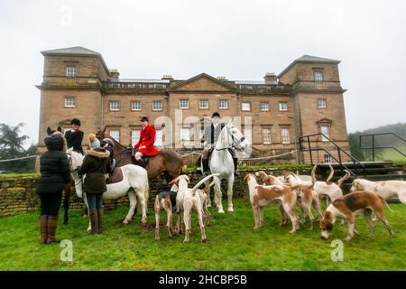 Hagley, Worcestershire, Großbritannien. 27th Dez 2021. Pferde und Hunde versammeln sich zum ersten Treffen in der Hagley Hall seit der Coronavirus-Pandemie. Die Albrighton und Woodland Hunt treffen sich jährlich in der Hagley Hall in Worcestershire. Kredit: Peter Lopeman/Alamy Live Nachrichten Stockfoto