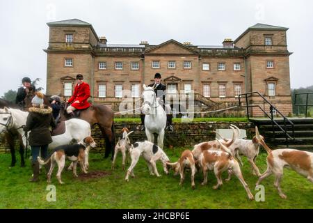 Hagley, Worcestershire, Großbritannien. 27th Dez 2021. Pferde und Hunde versammeln sich zum ersten Treffen in der Hagley Hall seit der Coronavirus-Pandemie. Die Albrighton und Woodland Hunt treffen sich jährlich in der Hagley Hall in Worcestershire. Kredit: Peter Lopeman/Alamy Live Nachrichten Stockfoto