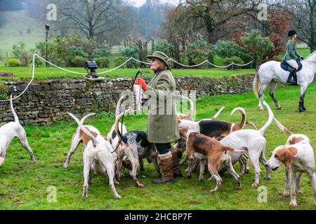 Hagley, Worcestershire, Großbritannien. 27th Dez 2021. Hazel Sheppard ist seit der Coronavirus-Pandemie bei der ersten Begegnung der Jagd auf Albrighton und Woodland in der Hagley Hall zu den Jagdhunden geneigt. Die Albrighton und Woodland Hunt treffen sich jährlich in der Hagley Hall in Worcestershire. Kredit: Peter Lopeman/Alamy Live Nachrichten Stockfoto