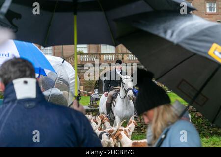 Hagley, Worcestershire, Großbritannien. 27th Dez 2021. Pferde und Hunde versammeln sich mit Unterstützern im Regen zum ersten Treffen der Albrighton- und Woodland-Jagd in der Hagley Hall seit der Coronavirus-Pandemie. Die Albrighton und Woodland Hunt treffen sich jährlich in der Hagley Hall in Worcestershire. Kredit: Peter Lopeman/Alamy Live Nachrichten Stockfoto