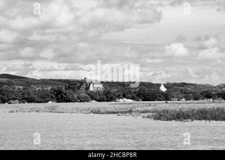 Ein Panoramablick über den Irrawadden River, zwischen der Stadt Mandalay und Mingun, Myanmar, Burma Stockfoto