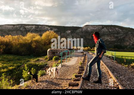 Sorglose Frau, die an sonnigen Tagen mit Hunden zwischen der Eisenbahnstrecke steht Stockfoto