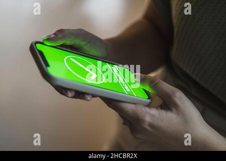 Frau mit Smartphone und grünem Häkchen auf dem Bildschirm Stockfoto