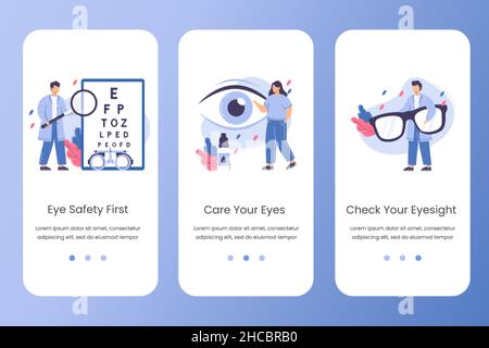 Flacher Augenarzt Arzt mit Lupe in den Händen Augenlicht prüfen. Webvorlage für Augentests oder Bildkorrekturvektoren. Care Eyes Konzept mit Tropfen und Brillen. Design der Landing Page für die Anwendung. Stock Vektor