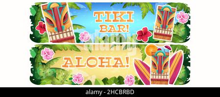 Banner mit traditioneller hölzerner Stammesmaske, tropischen hawaii exotischen Pflanzen und Blumen. Einladungsplakate zur hawaiianischen Aloha-Party mit Tiki-Bar auf weißem Hintergrund. Cartoon-Vektorgrafik. Stock Vektor