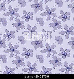 Jasmin Blumenvektor nahtlose Muster Hintergrund. Linienkunst handgezeichnete Blumenköpfe, Blüten, Blütenblätter. Periwinkle lila Pastell Hintergrund.Botanical Stock Vektor