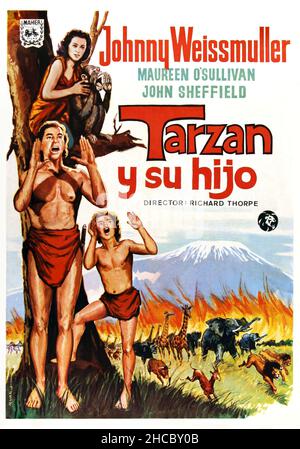 MAUREEN O'SULLIVAN, JOHNNY SHEFFIELD UND JOHNNY WEISSMULLER FINDEN IN TARZAN EINEN SOHN! (1939), Regie: RICHARD THORPE. Kredit: M.G.M. / Album Stockfoto