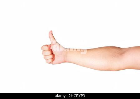 Arm des Mannes mit Daumen nach oben auf weißem Hintergrund. Konzept von Ich mag es Stockfoto