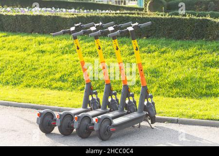 Elektroroller in Reihe auf dem Parkplatz. City bike rental System, öffentliche Tretroller auf der Straße Stockfoto