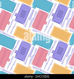 Nahtloses Muster mit Küchenmessern in verschiedenen Größen und Schneidbrettern für Fleisch, Fisch, Gemüse und heiß auf weißem Hintergrund. Vektorgrafiken Stock Vektor