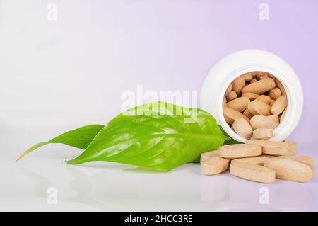 Weiße Botle mit Kräutertabletten und grünen Blättern auf hellblauem Hintergrund aus nächster Nähe. Konzept der Kräutermedizin Stockfoto