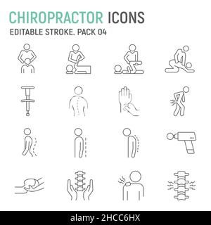 Chiropraktiker Linie Icon Set, Chiropraktik Sammlung, Vektorgrafiken, Logo Illustrationen, Physiotherapie Vektor-Symbole, Chiropraktiker Zeichen, Umriss Piktogramme, editierbare Schlaganfall Stock Vektor