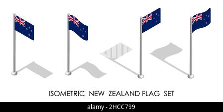 Isometrische Flagge NEUSEELANDS in statischer Position und in Bewegung auf Fahnenmast. 3D Vektor Stock Vektor