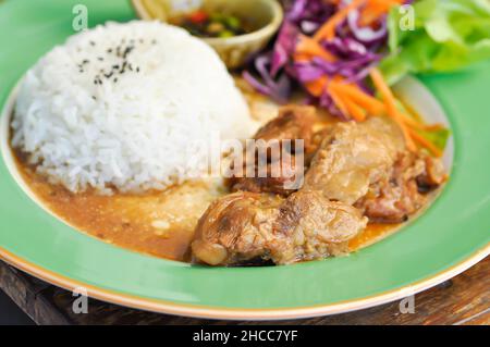 Geschmortes Schweinefleisch, Schweinefleisch mit Reis und Sauce oder Reis mit Schweinefleisch und Gemüse garniert Stockfoto