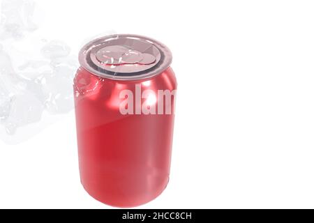 Kaltes Wasser transparent Spritzer um rotes Metall kann isoliert auf weißem Hintergrund in 3D abstrakte Komposition Stockfoto