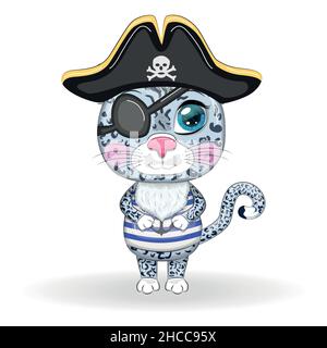 Schneeleoparden-Pirat, Cartoon-Figur des Spiels, wilde Katze in einem Bandana und ein aufgespannter Hut mit einem Schädel, mit einem Augenfleck. Charakter mit hellen Augen Stock Vektor