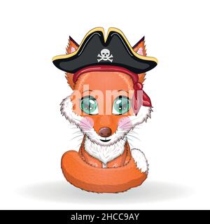 Fuchspirat, Zeichentrickfigur des Spiels, wildes Tier in einem Bandana und ein aufgespannter Hut mit einem Schädel, mit einem Augenfleck. Charakter mit hellen Augen Isola Stock Vektor