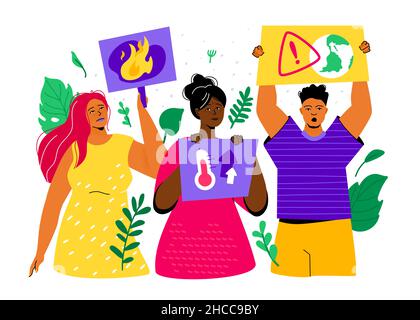 Streikposten für den Umweltschutz - bunte flache Design-Stil Illustration mit Comic-Figuren. Junge Menschen machen sich Sorgen über immer mehr Brände Stock Vektor