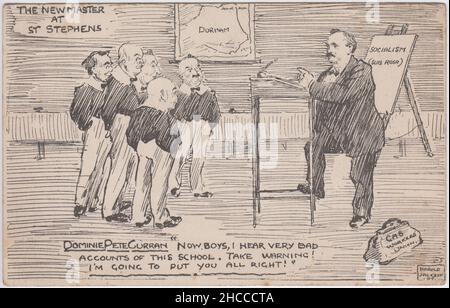 „der neue Meister in St. Stephens“: Karikatur mit Pete Curran, britischer Gewerkschafter und Politiker, der während der Nachwahl in der Jarrow-Wahlperiode 1907 lokale Politiker schulte. Curran gewann den Sitz und diente zwischen 1907 und 1910 als Parlamentsmitglied. Curran war außerdem Präsident der National Union of Gas Workers and General Workers und Mitbegründer der General Federation of Trade Unions and Independent Labour Party Stockfoto