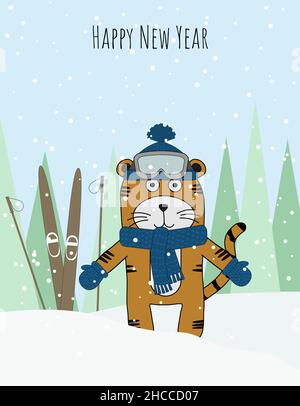 tiger in einem Hut und Schal mit Skiern auf dem Hintergrund von Schnee und Weihnachtsbäumen Stock Vektor