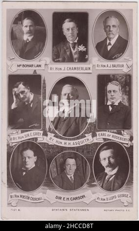 'Britain's statesmen', 1914: S.H. Asquith, Andrew Bonar Law, Joseph Chamberlain, Arthur Balfour, Sir Edward Gray, Der Earl of Rosebery, Winston Churchill, Sir Edward Carson, David Lloyd George. Postkarte mit politischen Porträts, die kurz vor Beginn des Ersten Weltkriegs veröffentlicht wurden Stockfoto