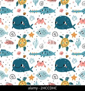 Nahtloses Muster niedliches Unterwasserleben. Lustige Comic-Figuren aus dem Meer, Meereswelt-Kreationen, Wassertiere, Fische und Algen, Wale und Schildkröten Stock Vektor
