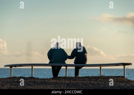 Rückansicht von zwei älteren Männern, die auf einer Bank am Meer sitzen und miteinander reden. Stockfoto