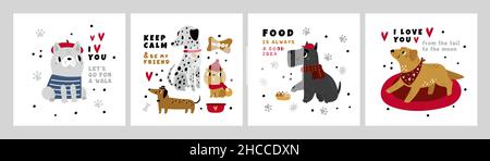 Hundeplakate. Lustige Haustiere quadratische Karten, verschiedene Rassen niedlichen Welpen, Accessoires und Kleidung, lustige Bulldogge und Dackel, Terrier und labrador Stock Vektor