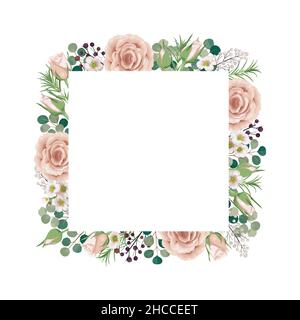 Floraler Rahmen, Pfirsichrose, grüner Eukalyptus zartes Grün, Beerenbukett Stock Vektor