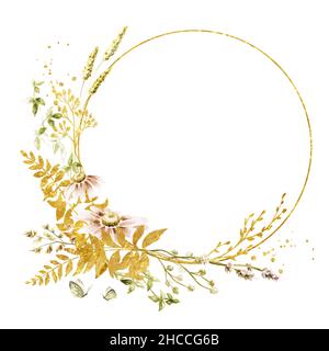 Wilde Gräser und Wildblumen Rahmen. Sommer ländliche Komposition, Bouquet, Dekor-Konzept. Handgezeichnete Aquarellillustration isoliert auf Weiß Stockfoto