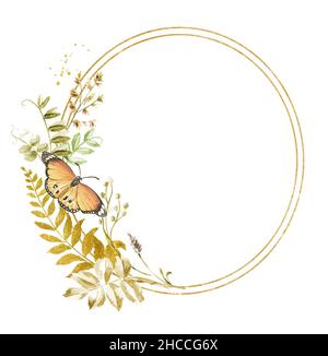 Wilde Gräser und Wildblumen Rahmen. Sommer ländliche Komposition, Bouquet, Dekor-Konzept. Handgezeichnete Aquarellillustration isoliert auf weiß b Stockfoto