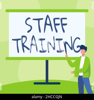 Inspiration mit Zeichen Mitarbeiterschulung. Geschäftsidee Ein Programm, das Mitarbeitern hilft, spezifisches Wissen zu lernen Lehrer in Jacket Drawing Standing Stockfoto