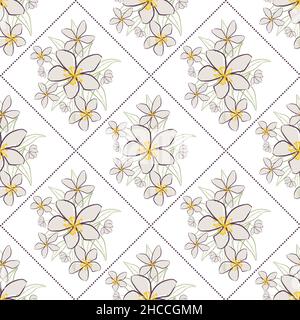Jasmin Blumenstrauß nahtlose Vektor-Muster Hintergrund. Linienkunst handgezeichnete Blumengruppen, Blätter mit gepunkteten diamantförmigen Rahmen. Neutral Stock Vektor