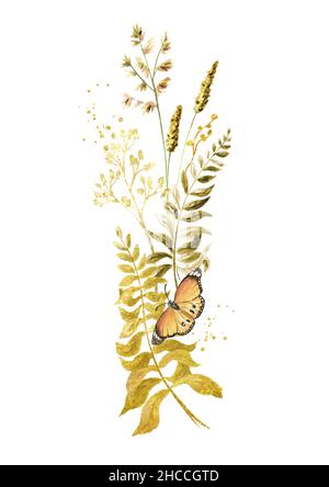 Wilde Gräser und Wildblumen . Sommer ländliche Komposition, Bouquet, Dekor-Konzept. Handgezeichnete Aquarelldarstellung isoliert auf weißem Hintergrund Stockfoto