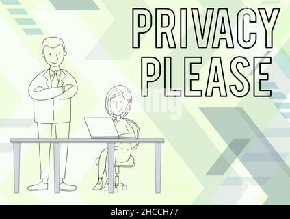 Schild mit der Anzeige „Privacy Please“. Konzept Bedeutung jemanden bitten, Ihren persönlichen Raum zu respektieren Lassen Sie sich allein Mann stehend Gekreuzte Arme beim Sitzen zusehen Stockfoto