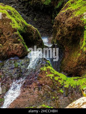 Schöner Blick auf den Wasserfall über die moosigen Felsen im Wald an einem düsteren Tag Stockfoto