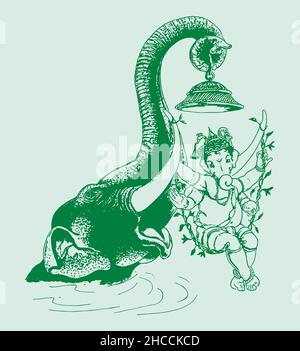 Eine umrissene grüne Illustration des Hindu-gottes Lord Shiva auf einem hellen Hintergrund Stockfoto