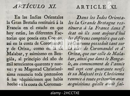 „Vertrag von Paris“ (1763). Endgültiger Friedensvertrag zwischen Großbritannien, Frankreich und Spanien. Unterzeichnet in Paris am 10. Februar 1763 vom Herzog Choiseul (Frankreich), dem Marquis de Grimaldi (Spanien) und dem Herzog von Bedford (Großbritannien). Das Abkommen führte zu einer Neuordnung der territorialen Verteilung der Kolonien, wo Großbritannien der Hauptbegünstigte war. Artikel XI (in Ostindien wird Großbritannien Frankreich die verschiedenen Fabriken zurückgeben, die es an der Coromandel-Küste, Orissa, Malabar und Bengalen besaß). Sammlung der Verträge von Frieden, Allianz, Handel angepasst von Stockfoto