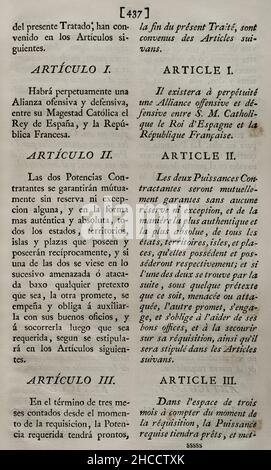 Zweiter Vertrag von San Ildefonso (18. August 1796). Vertrag über offensive und defensive Allianz, zwischen Spanien und Frankreich geschlossen. Am 14. Oktober dieses Jahres von König Karl IV. Von Spanien ratifiziert. Das Abkommen zwischen dem revolutionären Frankreich und Spanien verpflichtete beide Nationen, im Falle eines Krieges mit England gegenseitige militärische Hilfe zu leisten. Manuel Godoy auf spanischer Seite und General Catherine-Dominique de Pérignon unterzeichneten den Vertrag im Namen des französischen Direktoriums. Artikel I, II und III Sammlung der Verträge von Frieden, Allianz und Handel, die von der Krone Spaniens mit der Außenmacht angepasst wurden Stockfoto