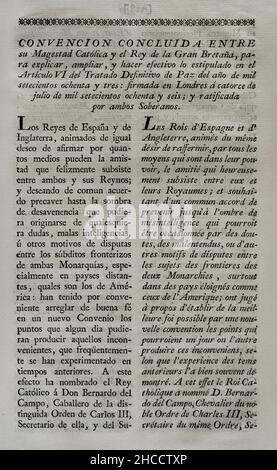 „Convention of London“ (1786). Übereinkommen zwischen dem König von Spanien und dem König von Großbritannien, das die Bestimmungen von Artikel VI des endgültigen Friedensvertrags von 1783 erläutert, erweitert und in Kraft setzt. Sie wurde am 14. Juli 1786 in London unterzeichnet und von beiden Souveränen (Karl III. Und Georg III. Von England) ratifiziert. Das Abkommen betraf den Status britischer Siedlungen an der Moskitoküste in Mittelamerika. Großbritannien evakuierte diese Siedlungen und im Gegenzug erweiterte Spanien das Gebiet, das den britischen Holzfällern auf der Yucatan-Halbinsel zur Verfügung steht. Sammlung der Trea Stockfoto