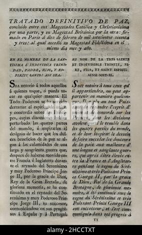 „Vertrag von Paris“ (1763). Endgültiger Friedensvertrag zwischen Großbritannien, Frankreich und Spanien. Unterzeichnet in Paris am 10. Februar 1763 vom Herzog Choiseul (Frankreich), dem Marquis de Grimaldi (Spanien) und dem Herzog von Bedford (Großbritannien). Das Abkommen führte zu einer Neuordnung der territorialen Verteilung der Kolonien, wo Großbritannien der Hauptbegünstigte war. Sammlung der Verträge über Frieden, Allianz und Handel, die von der spanischen Krone mit den ausländischen Mächten (Colección de los Tratados de Paz, Alianza, Comercio ajustados por la Corona de España con las Potencias Extranjer) angepasst wurden Stockfoto