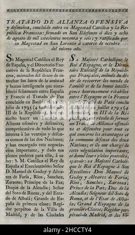 Zweiter Vertrag von San Ildefonso (18. August 1796). Vertrag über offensive und defensive Allianz, zwischen Spanien und Frankreich geschlossen. Am 14. Oktober dieses Jahres von König Karl IV. Von Spanien ratifiziert. Das Abkommen zwischen dem revolutionären Frankreich und Spanien verpflichtete beide Nationen, im Falle eines Krieges mit England gegenseitige militärische Hilfe zu leisten. Manuel Godoy auf spanischer Seite und General Catherine-Dominique de Pérignon unterzeichneten den Vertrag im Namen des französischen Direktoriums. Sammlung der Verträge über Frieden, Allianz und Handel, die von der spanischen Krone mit den ausländischen Mächten (Colección de los trat Stockfoto