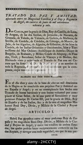 Frieden und Frieden zwischen Spanien und Algier (1786). Vertrag zwischen dem König von Spanien, Karl III., und dem Dey und der Regency von Algier. Unterzeichnet in Algier am 14. Juni 1786 von Dey Muhammad Othman Pascha und dem Graf von Expilly. Am 27. August 1786 von König Karl III. In Madrid ratifiziert. Sammlung der Verträge über Frieden, Allianz und Handel, die von der spanischen Krone mit den ausländischen Mächten angepasst wurden (Colección de los Tratados de Paz, Alianza, Comercio ajustados por la Corona de España con las Potencias Extranjeras). Band III Madrid, 1801. Historische Militärbibliothek von Barcelona, Katalonien, S Stockfoto