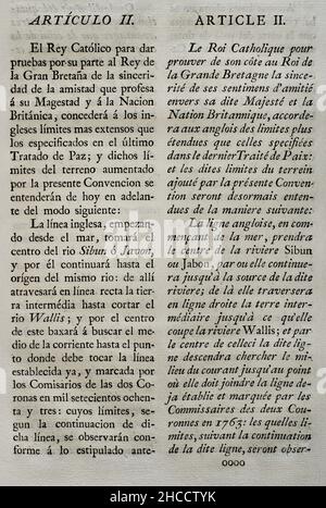 „Convention of London“ (1786). Übereinkommen zwischen dem König von Spanien und dem König von Großbritannien, das die Bestimmungen von Artikel VI des endgültigen Friedensvertrags von 1783 erläutert, erweitert und in Kraft setzt. Sie wurde am 14. Juli 1786 in London unterzeichnet und von beiden Souveränen (Karl III. Und Georg III. Von England) ratifiziert. Das Abkommen betraf den Status britischer Siedlungen an der Moskitoküste in Mittelamerika. Großbritannien evakuierte diese Siedlungen und im Gegenzug erweiterte Spanien das Gebiet, das den britischen Holzfällern auf der Yucatan-Halbinsel zur Verfügung steht. Artikel II Sammlung Stockfoto