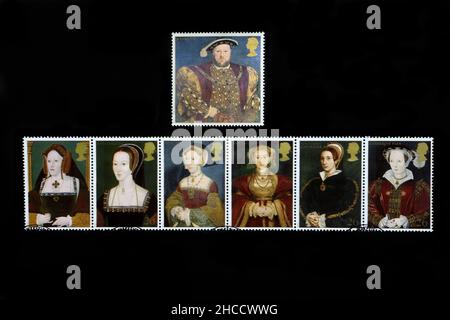 Sechs Frauen von König Heinrich VIII Britische Briefmarken. Briefmarkenausgabe der Royal Mail. Briefmarkensammler-Hobby Stockfoto