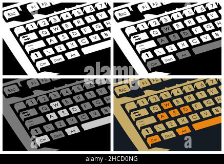 Mehrere stilisierte Illustrationen einer mechanischen Retro-Tastatur aus nächster Nähe Stock Vektor