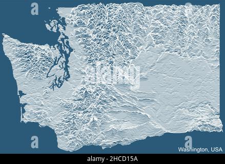 Topographische technische Zeichnung Reliefkarte des Bundesstaates Washington, USA mit weißen Konturlinien auf blauem Hintergrund Stock Vektor