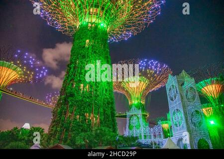 SINGAPUR - 1st. JANUAR 2020: Garden Rhapsody Lichtshows im Supertree Grove, Gardens by the Bay Stadtpark, gelegen in der Marina Bay Area Stockfoto